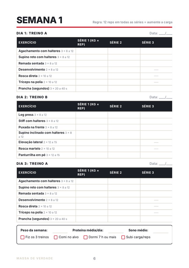 Página do planner com a ficha semanal de treino