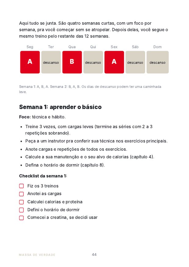 Página do guia com a semana modelo e o checklist