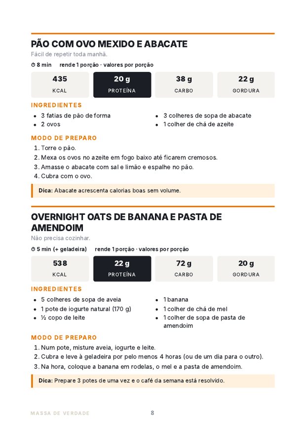 Página do livro de receitas com ingredientes e modo de preparo
