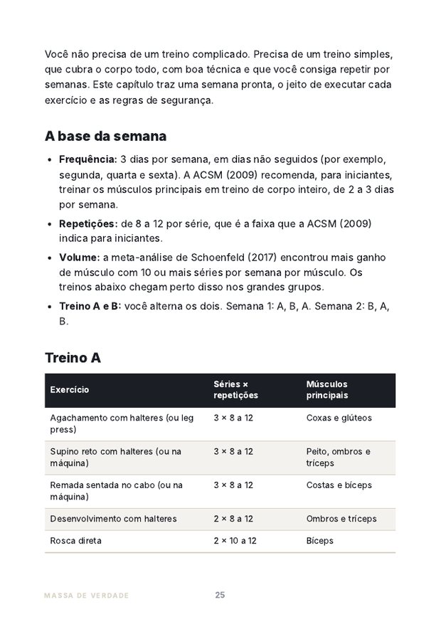 Página do guia com o Treino A em tabela