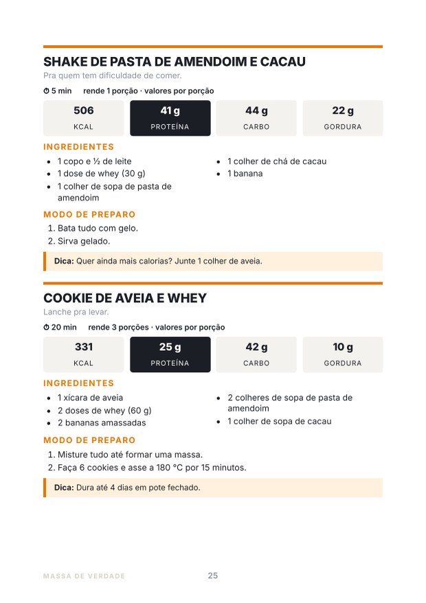 Página do livro com receitas de shake e cookie de whey